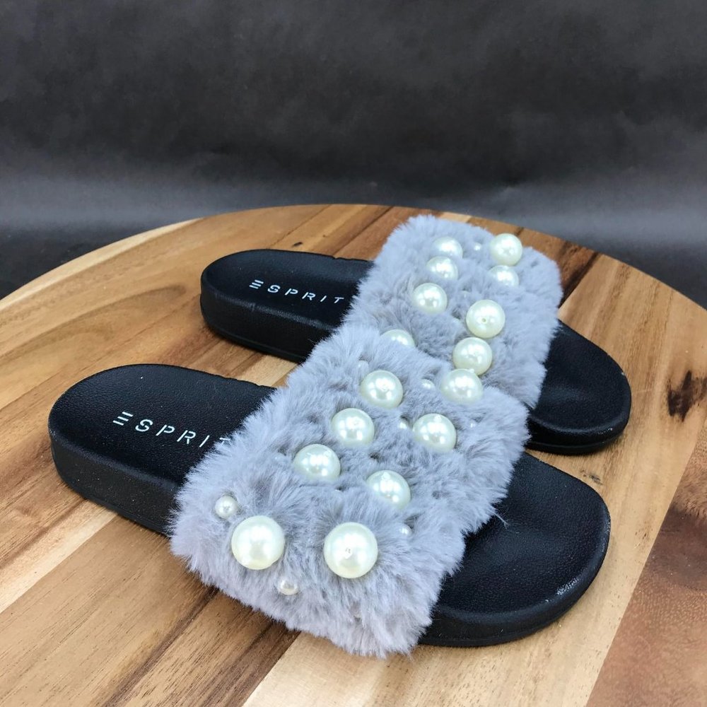 Esprit Gray Black Embellished Slip On Slides Sandals Womens Size 6